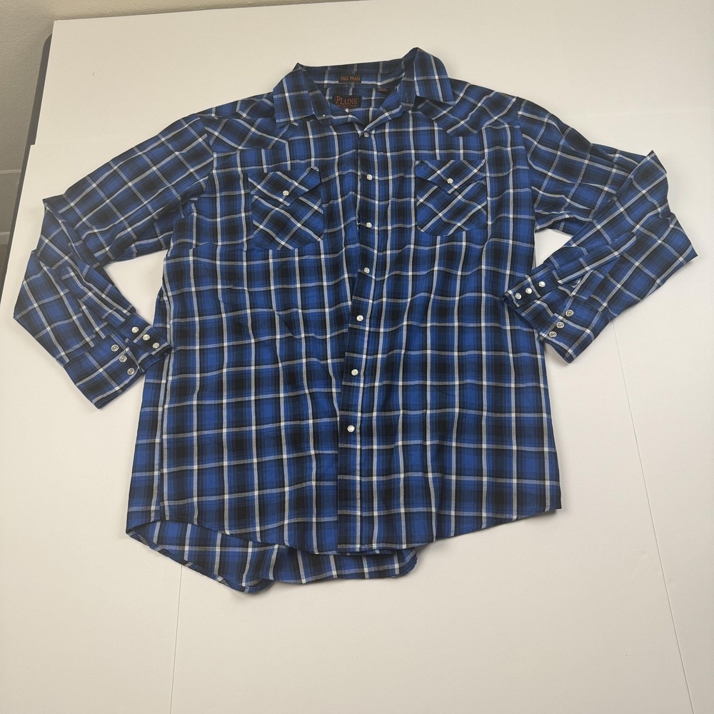 Plains Western Wear Shirt Mens XLT Blue Black Plaid Pearl Snap Tall Long Sleeve